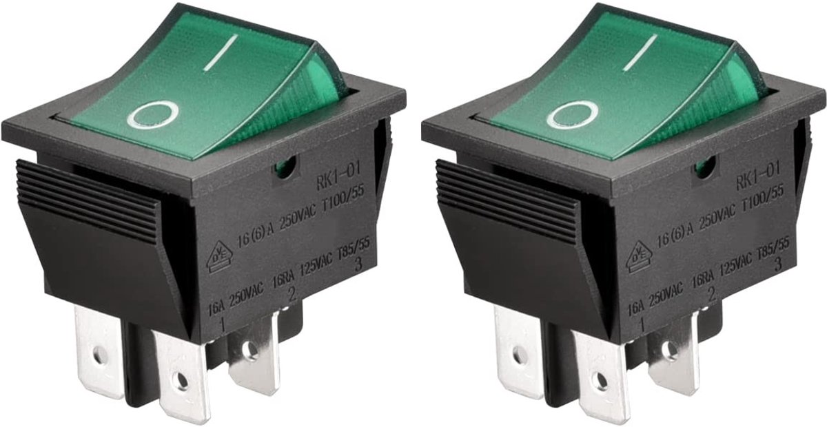 Dailygoods - Dailygoody On-off Rocker Switch Toggle Switch 16 A 250 VAC Groen 2-pack Voor paneelmontage 6.3 mm aansluiting