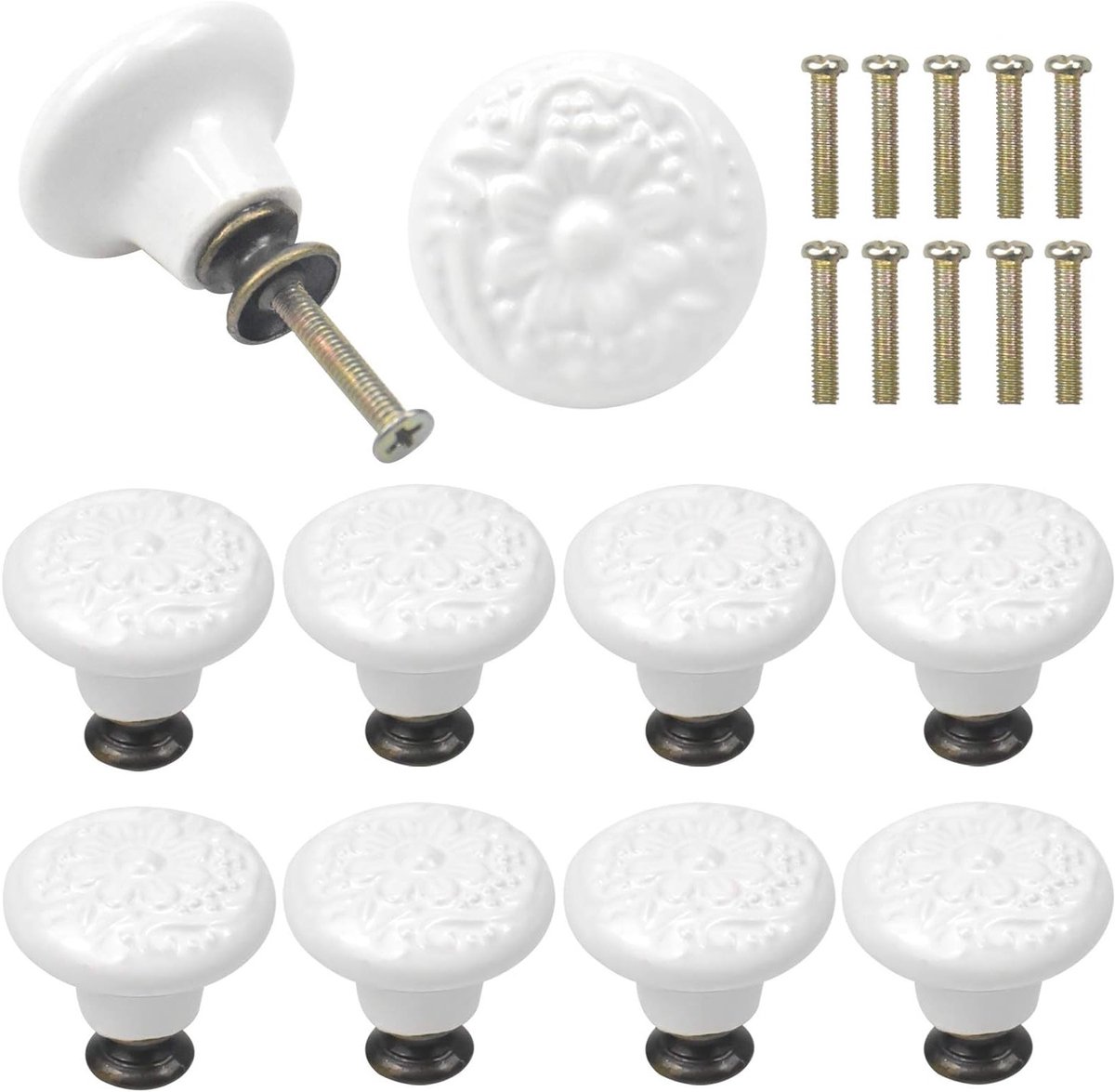 Set van 10 Vintage Keramische Deurknoophandles 34mm Rond voor Meubels, Keuken en Kinderkamer