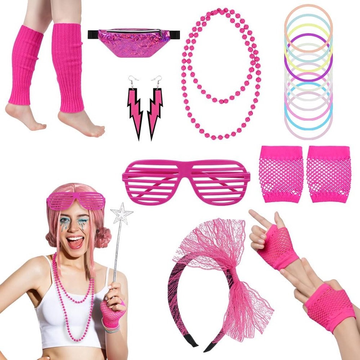 80s Neon Fancy Dress Kostuum Accessoires Set, 8-delig Retro Thema Feest Outfit met Handschoenen, Ketting, Armband, Bril, Heuptas, Oorbellen, Beenwarmers en Haarband voor een Feestelijke Look