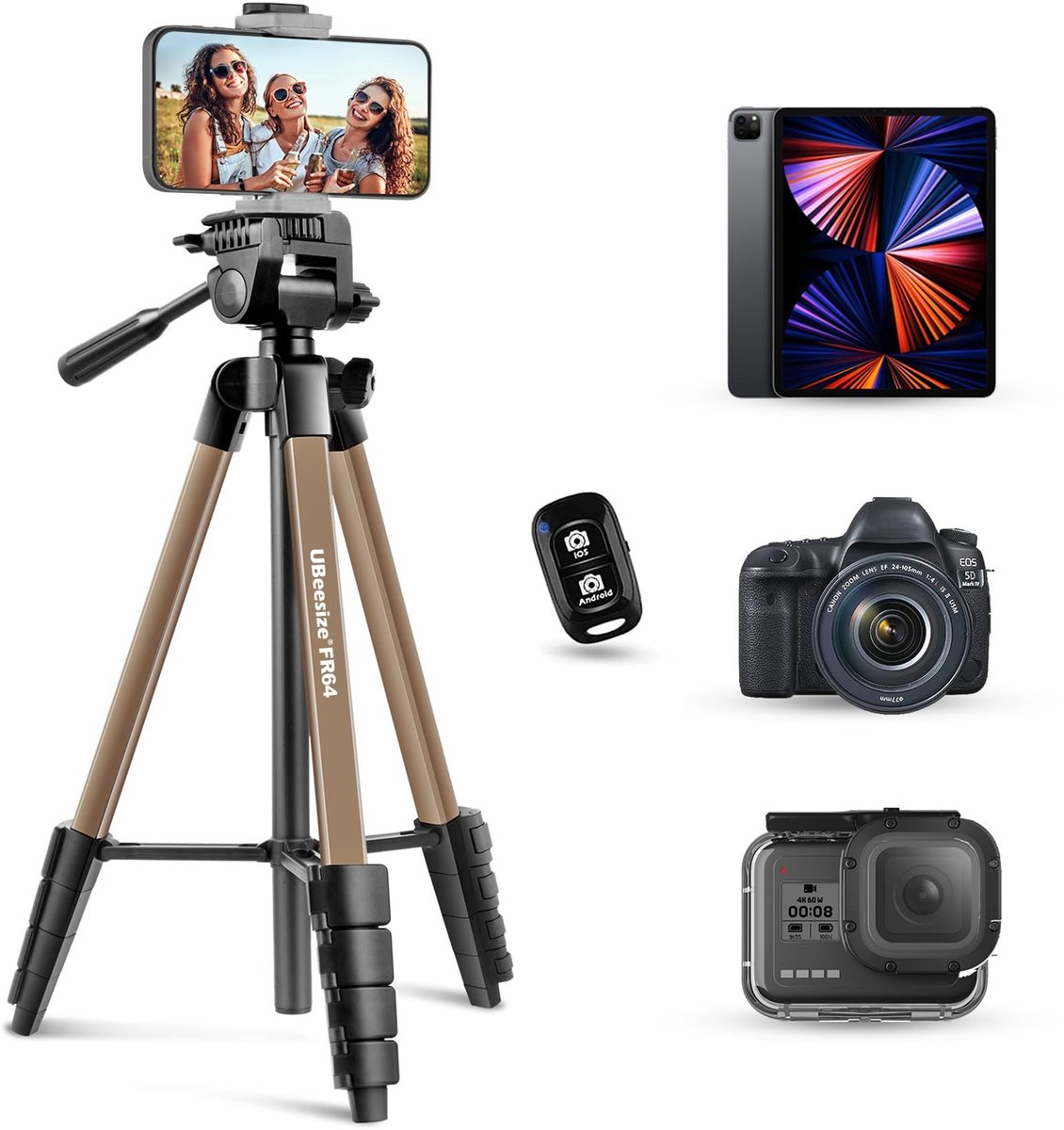 Dailygoods - Dailygoody - Camera Statief - Draagbaar statief voor fotografie - 163 cm - Afstandsbediening en mobiele telefoon houder - Geschikt voor video recordin