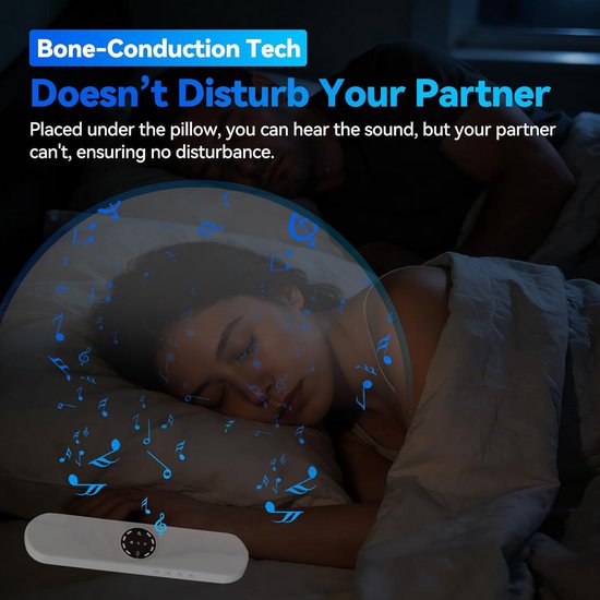 Bluetooth-kussenluidspreker voor een goede nachtrust - Bone Conduction-slaapluidspreker voor onder het kussen met ingebouwde 35 witte ruistonen, draagbare slaapkoptelefoon voor op reis, soundbar met 300mAh-batterij (wit) — afbeelding 4