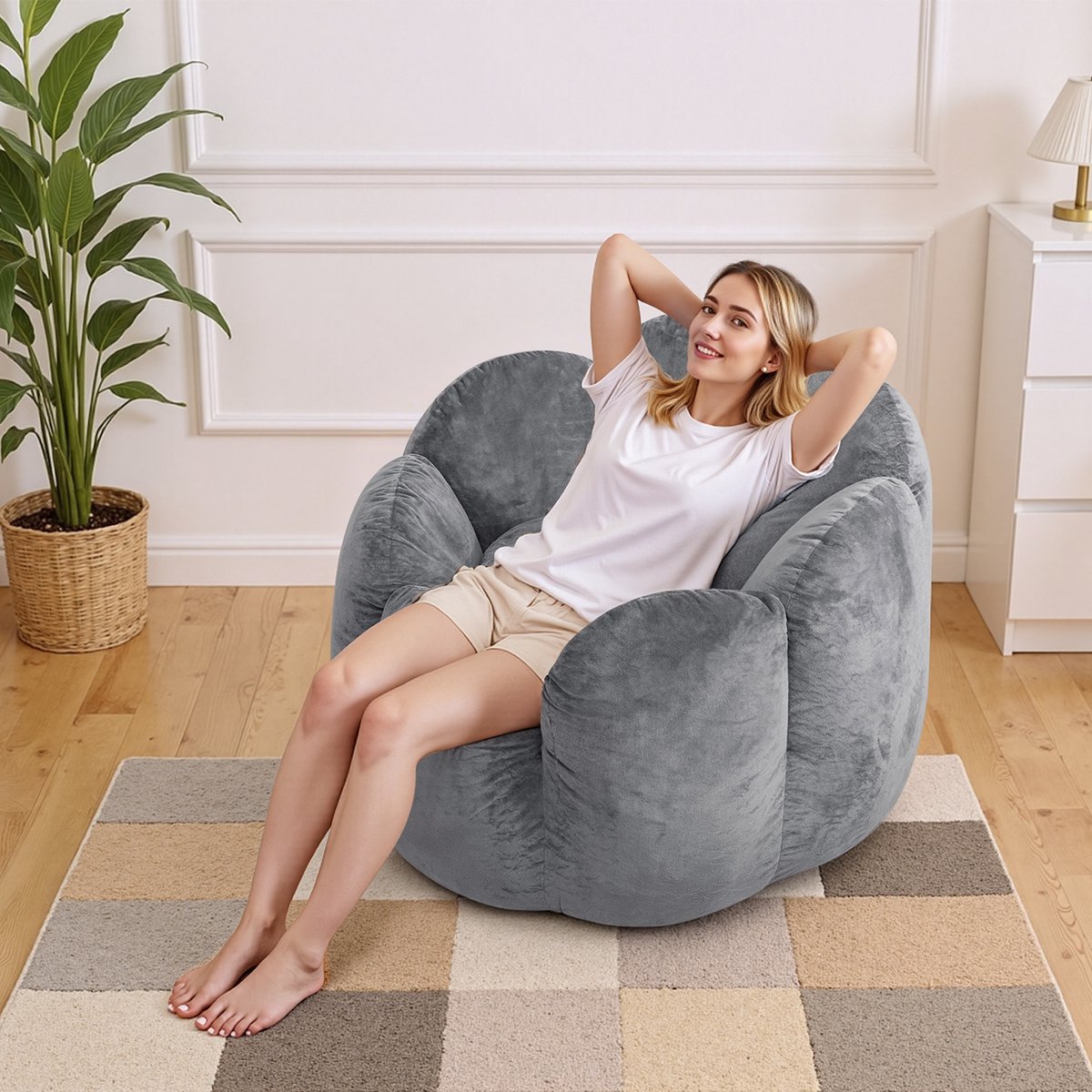 HOMMPA Zitzak Fauteuil Grijs voor Volwassenen – Gevulde Lounge Stoel – Comfortabele Zitzakstoel voor Woonkamer en Slaapkamer – Moderne Relaxstoel met Vulling