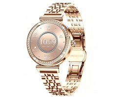 Knobbout Luxe Dames Smartwatch 1.27” met Kristallen – Bluetooth Bellen – HD Touchscreen – Hartslag, Bloeddruk & SpO₂ Monitoring – Vrouwelijke Gezondheidsfuncties – AI spraakassistent– IP68 Waterdicht – Rosé goud stalen horlogeband