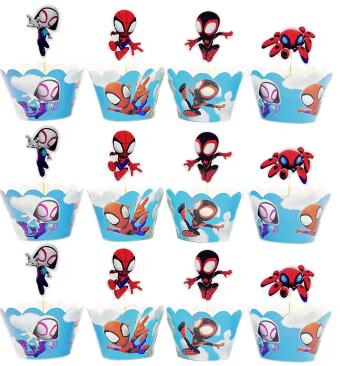 Spiderman Cupcake Decoratie & Wrappers – Set van 24 stuks