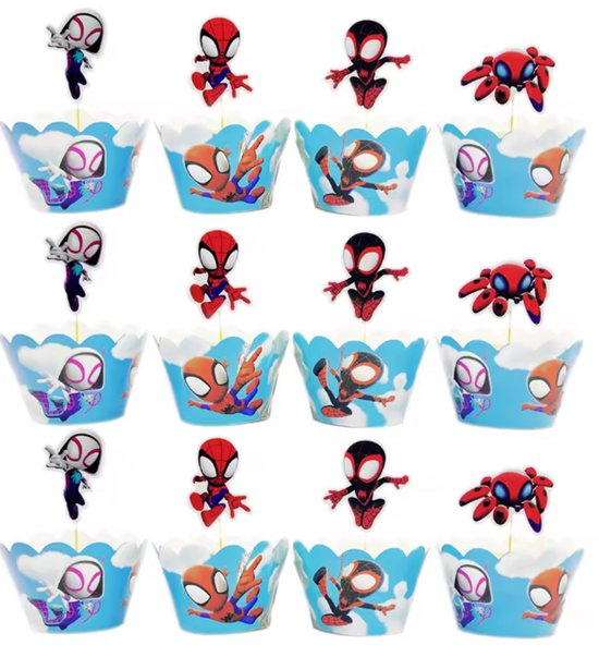 Cupcake decoraties met Spiderman, Miles Morales, Gwen Stacy en een robot spin, met bijpassende blauwe wikkels met wolken.