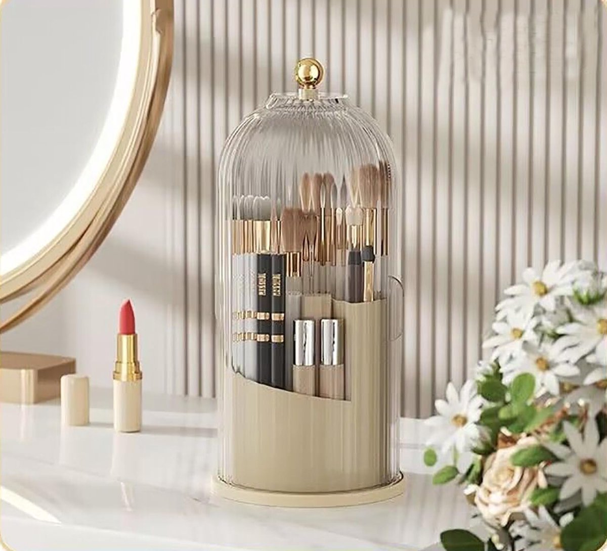 Rotating Make-up Borstels Organizer met Deksel, Stofdichte Houder voor Make-upkwasten, Perfect voor Vanity en Badkamer Countertop