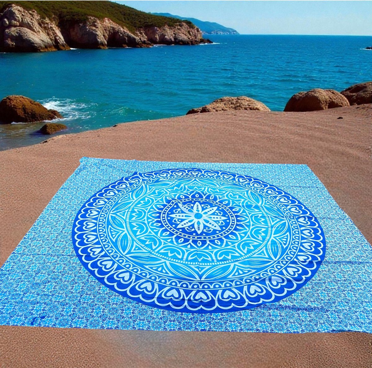 Lindian style - Tweepersoons strandlaken - Blauw/wit - XXL strandkleed - XL strandlaken - 210x220 cm