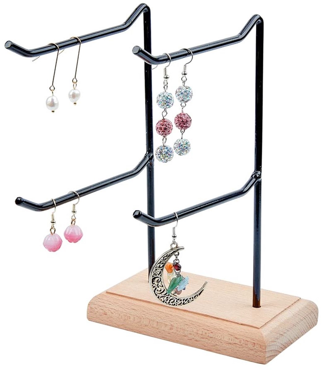 Dailygoody - Earring Display Stand - Sieradenhouder - Modern - Zwart - Oorbellenrek - Perfect voor dames - Hout met PU Imitatie Leer