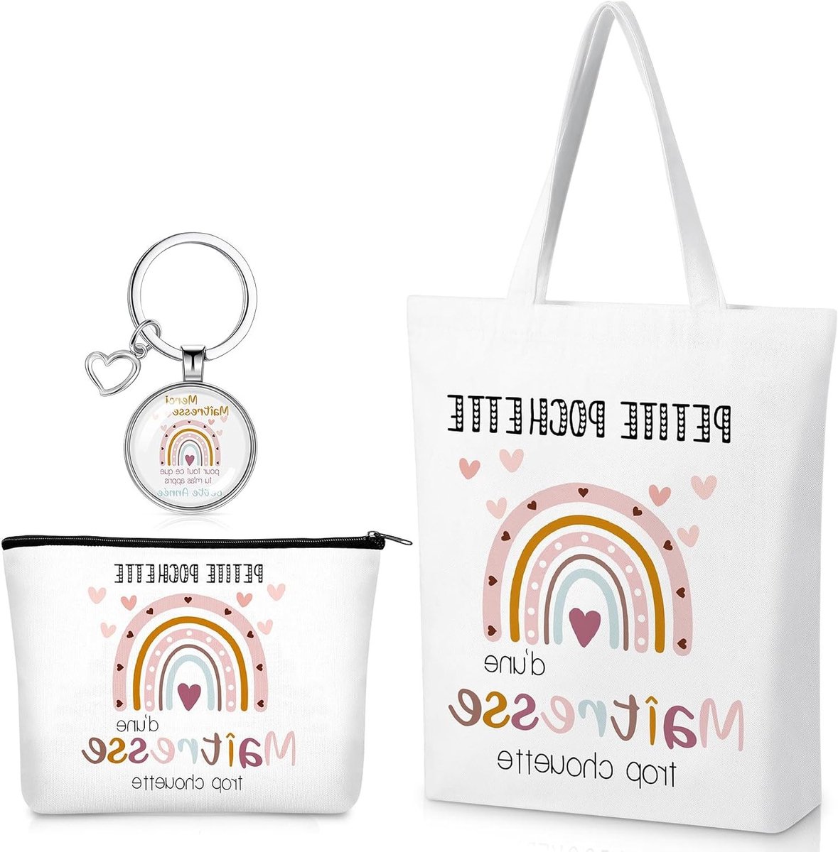3-delige Set Nieuwjaarsgeschenk voor Leerkrachten in de Kinderopvang - Tas, Make-up Tas en Bedank Sleutelhanger voor Afsluiting van de Peuterschool