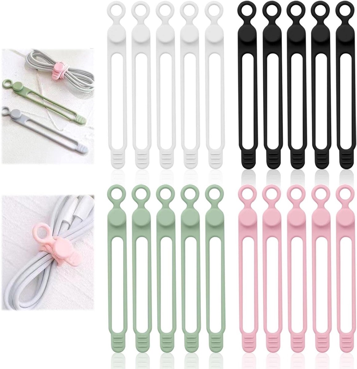 Herbruikbare Silicium Kabelbinders, Kleurige Snoer Organizers, Elastische Draadclips voor Thuis, Kantoor en Auto (Zwart, Wit, Roze, Groen)