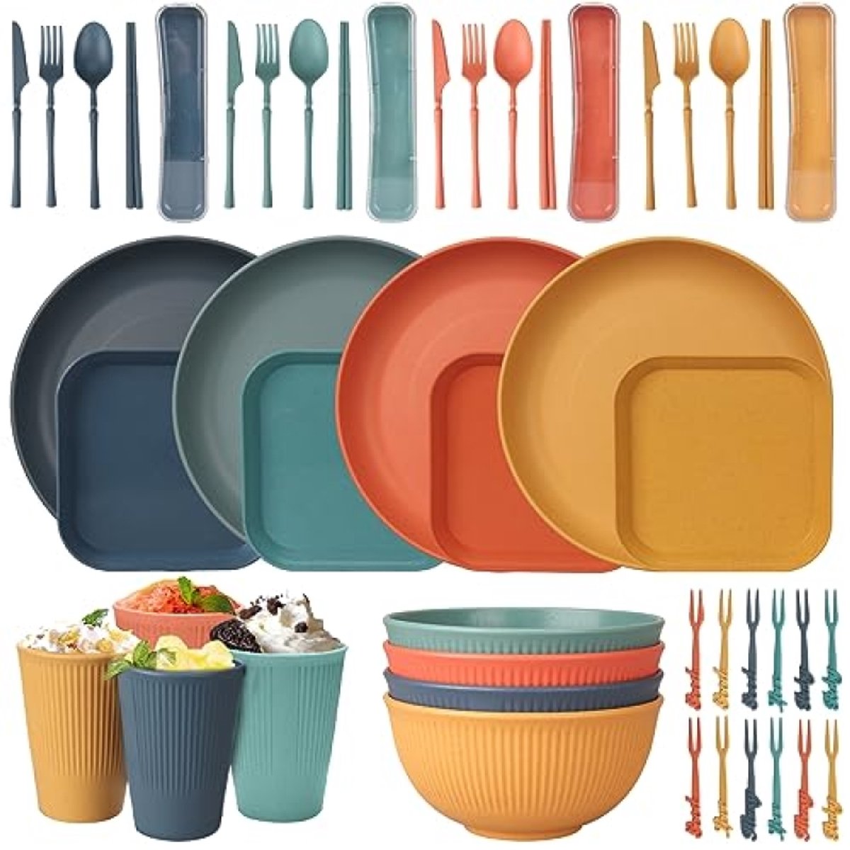48-delige onbreekbare servies set voor 4 personen - Lichtgewicht kleurrijk BBQ servies