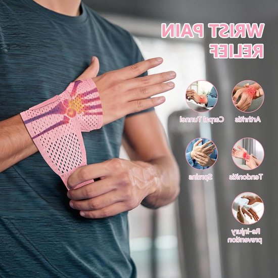 Verstelbare Polsbandage voor Tendinitis en Carpaal Tunnel Syndroom - Elastische Ondersteuning voor Gewrichtspijn, Geschikt voor Links en Rechts, Roze — afbeelding 2