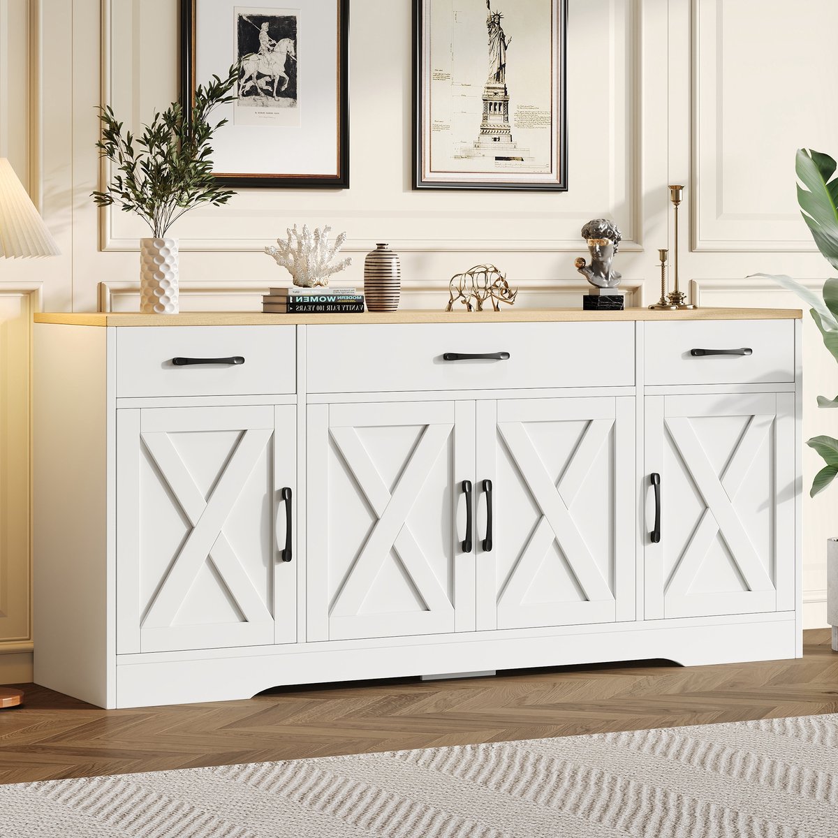 Sweiko Dressoir - Halmeubel - 4 deuren - 3 lades - Houtlook - Metalen handgrepen - Verstelbare planken - Wit