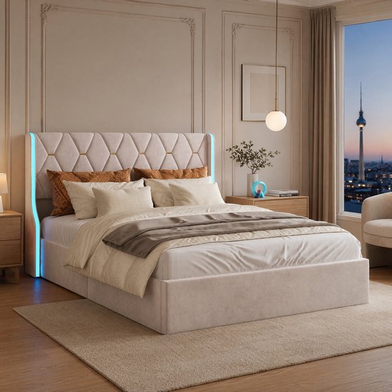 SHOPENTRA Hydraulisch Opbergbed 160x200 cm met RGB LED - SHOPENTRA - €229,99