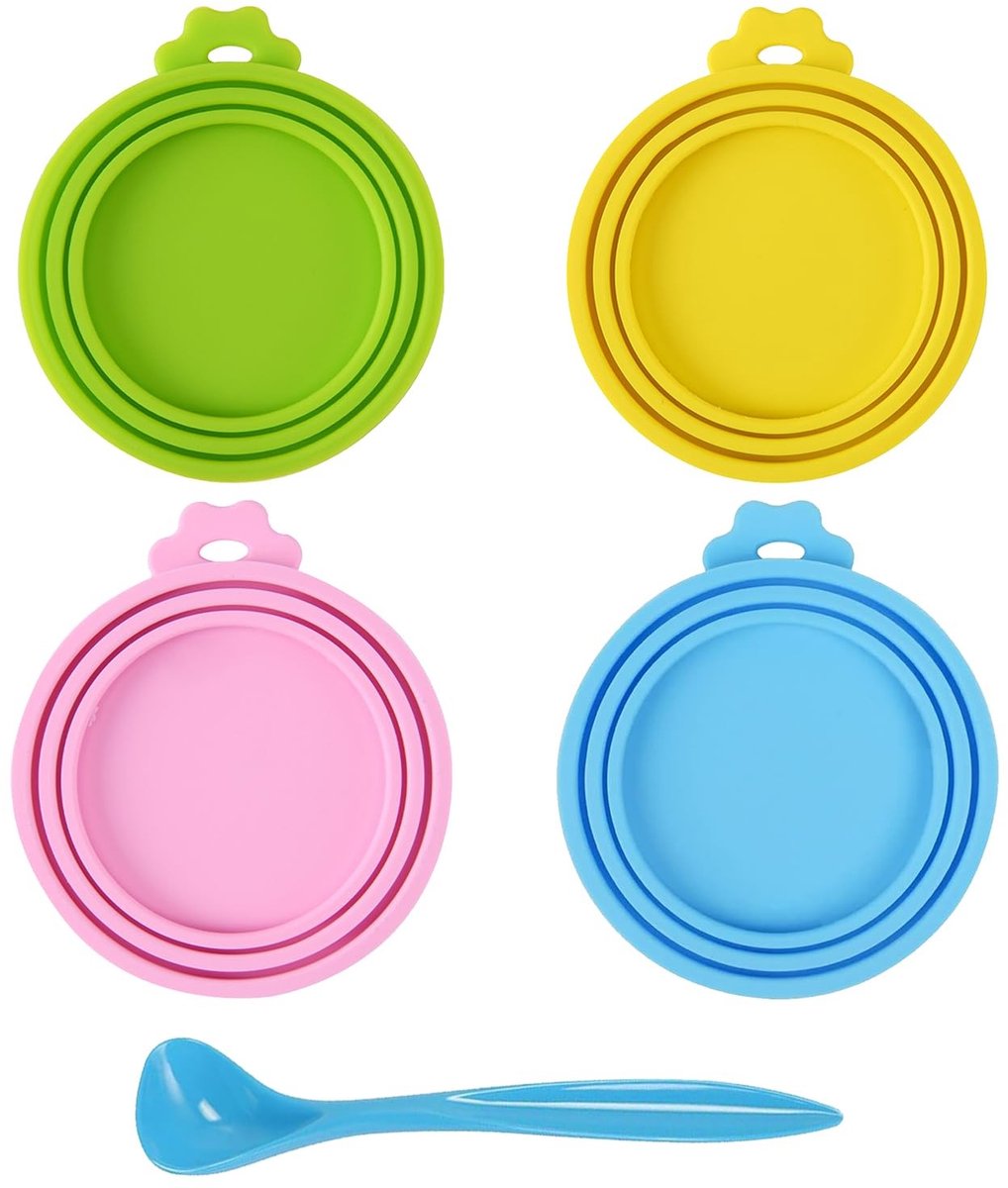 Dailygoods - Dailygoody - Universele Silicone Deksel - Luchtdichte Deksel voor Huisdierenvoer - Bescherming tegen Bederf - 4 Stuks - Inclusief Lepel - Geschikt voo