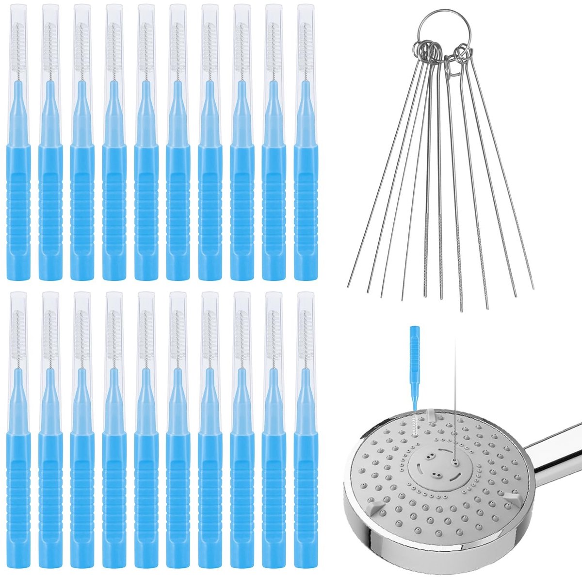 Dailygoods - Dailygoody - Douchekopreiniger - Multi-Size - Voor het ontstoppen van douchekoppen - Blauw - Roestvrij staal - Handig voor alle douchekoppen - Inclusi...