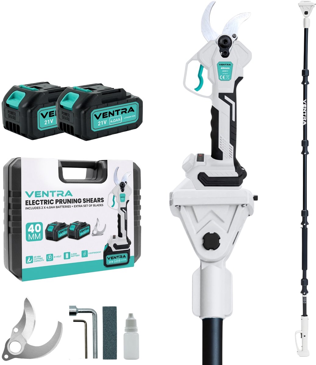 VENTRA® Elektrische Snoeischaar - 40mm- Accu Snoeischaar - Telescopische Verlengsteel 2.5M - 4000mAh Accu - LCD Scherm - Brushless - Incl. Opbergkoffer en Reservemessen