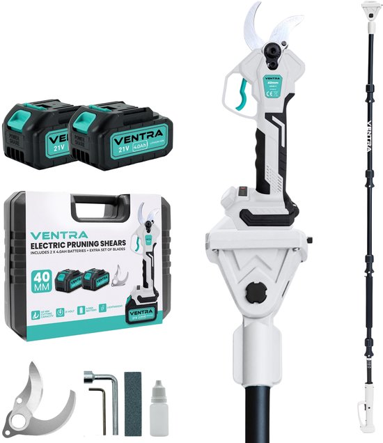 VENTRA® Elektrische Snoeischaar - 40mm- Accu Snoeischaar - Telescopische Verlengsteel 2.5M - 4000mAh Accu - LCD Scherm - Brushless - Incl. Opbergkoffer en Reservemessen