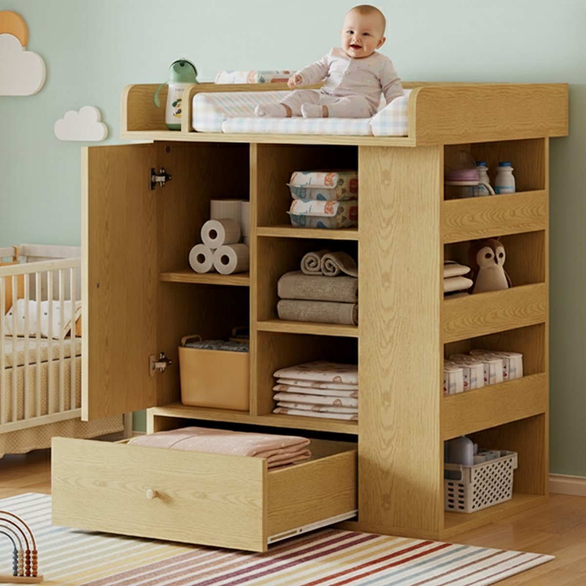 Sweiko Wisseltafel - Commode - met lade - Opbergruimte - met Handdoekenrek - Houtlook - Naturel