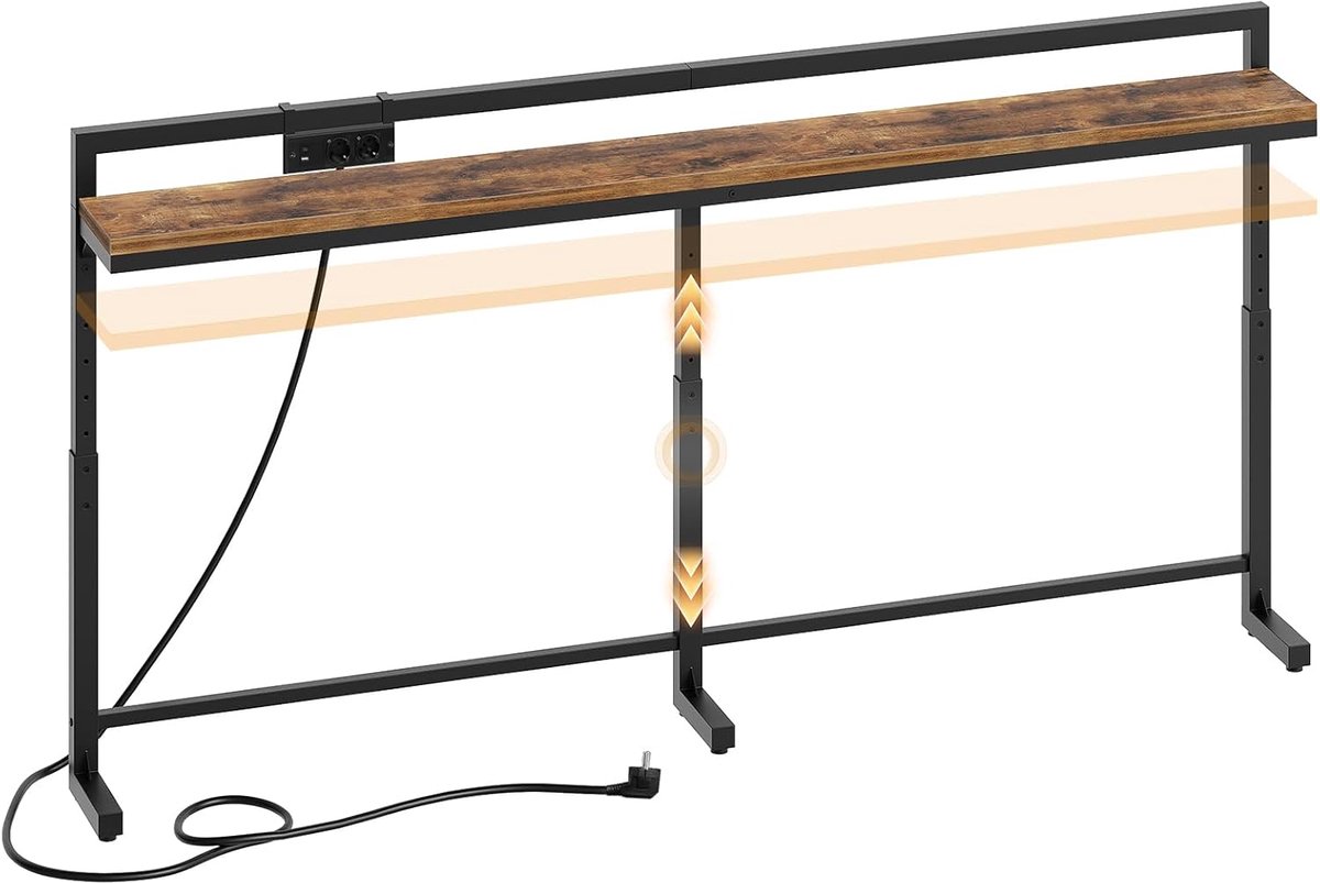 HOMESY 180 cm Console Tafel met Verstelbare Hoogte (70-90 Cm), Lange Smalle Haltafel met Verschuifbare Stekkerdoos (2AC, 1USB-A, 1USB-C), Lange Haltafel voor Woonkamer, Slaapkamer, Vintage Bruin