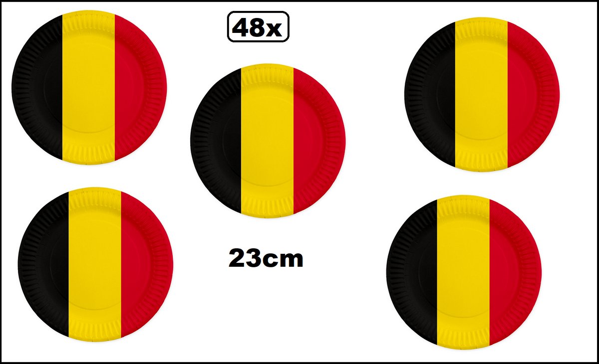 48x Bord 23cm zwart/geel/rood karton - Diner Belgie WK 2026 BBQ thema feest verjaardag feest