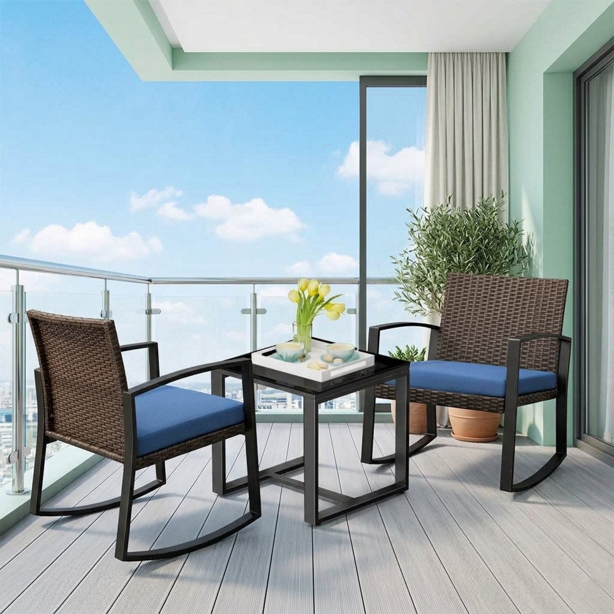 Bealife WR210 Garden Tuinset - 3 Delige Stoel Loungesets - Rieten Patio Set 2 Persoons met Salontafel - Bistroset van Rotan Patio Stoelen voor Balkon, Veranda, Tuin, Zwembadzijde -68x58x73cm -Blauw – foto 7
