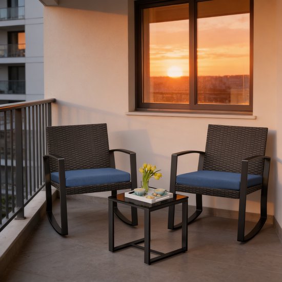 Bealife Garden Ensemble de jardin - Ensembles lounge 3 pièces - Set de terrasse en osier 2 personnes avec table basse - Ensemble extérieur de Chaises de terrasse en rotin pour balcon, véranda, Jardin, côté piscine - Blauw
