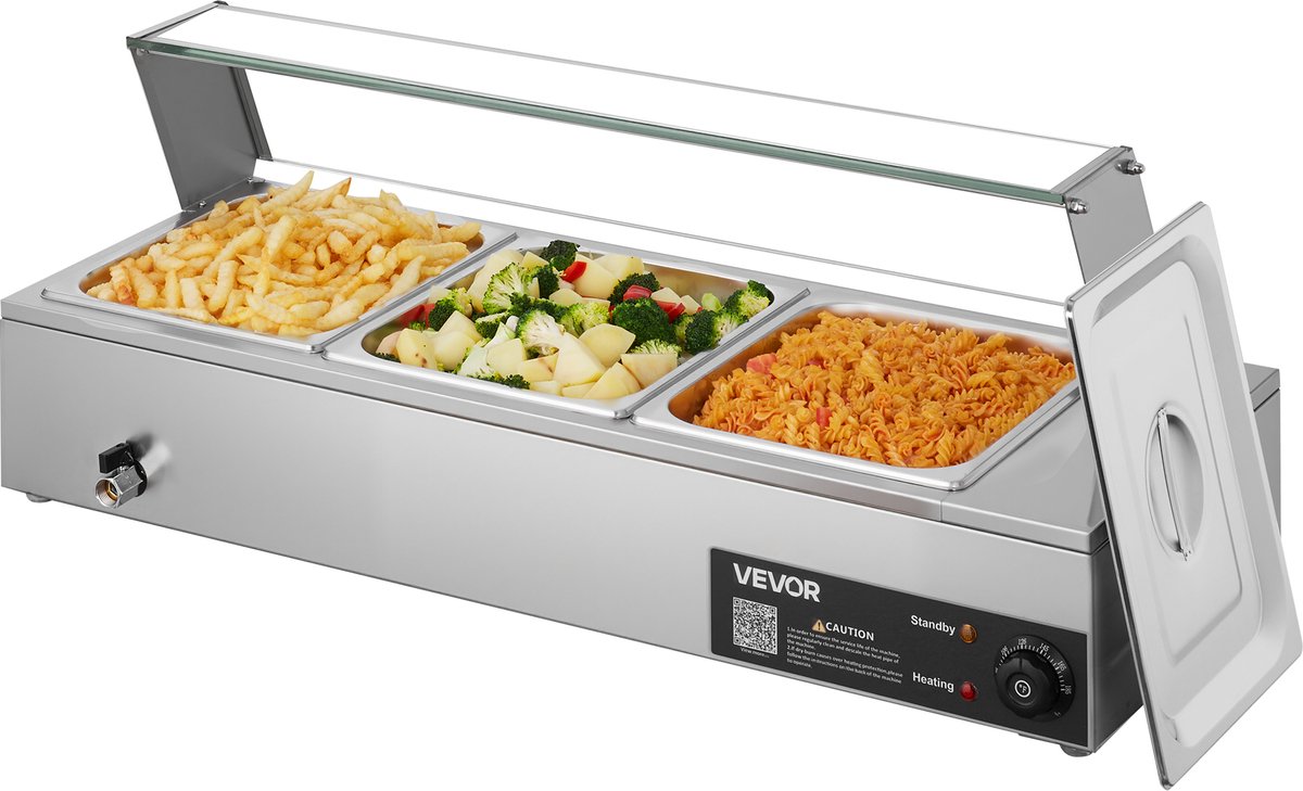 VEVOR Commerciële Voedselwarmer met Glazen Deksel en 3 Containers (1/2 Formaat) 1500W Buffet Warmer Roestvrij Staal, Buffet Containers Buffet Waterbad Voedselwarmer voor Restaurants Feesten Buffetten