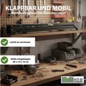 Ingeklapte werkbok op een werkbank, maat 86x10x10 cm. Gemakkelijk op te bergen.