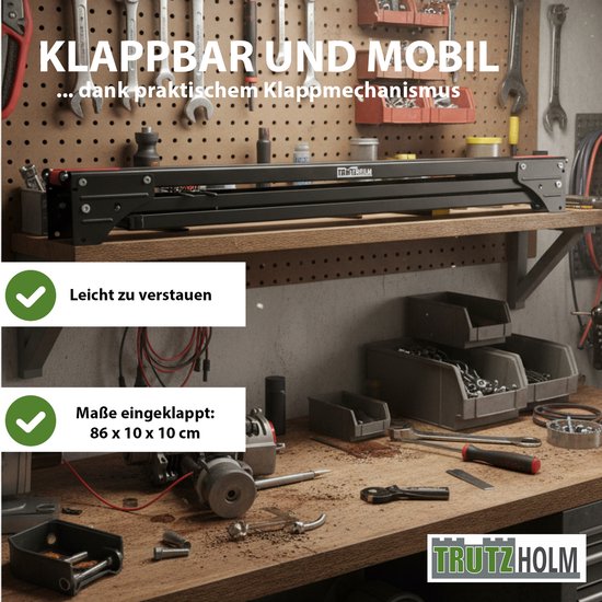 Ingeklapte werkbok op een werkbank, maat 86x10x10 cm. Gemakkelijk op te bergen.