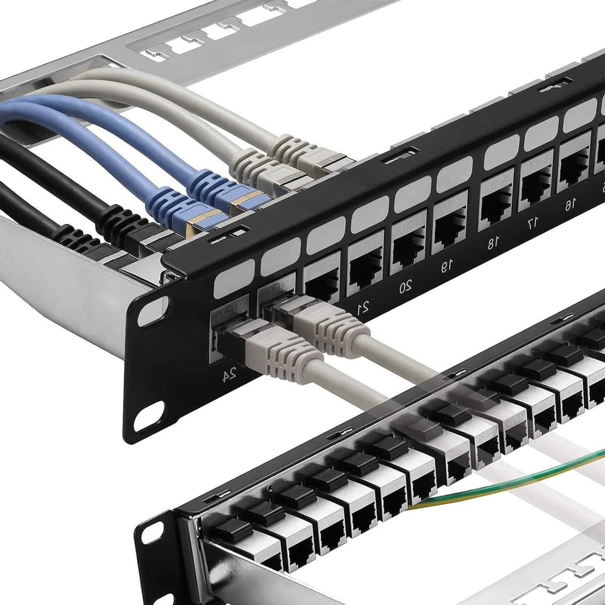 24-poorts Cat6A patchpaneel met 10G Keystone-ondersteuning, 48 cm afgeschermd STP-koppelingspaneel met afneembare achterstang, 1U netwerkpatchpaneel voor Cat7-kabels,