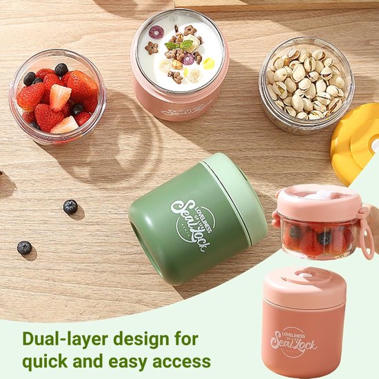 Yoghurt Beker to Go - 860 ml - Muesli Beker met Lepel - RVS Isolerende Lunchpot - Lekvrije Soepbeker - Voor School en Werk - Roze — afbeelding 4