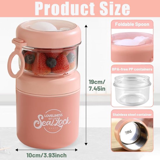 Yoghurt Beker to Go - 860 ml - Muesli Beker met Lepel - RVS Isolerende Lunchpot - Lekvrije Soepbeker - Voor School en Werk - Roze — afbeelding 3