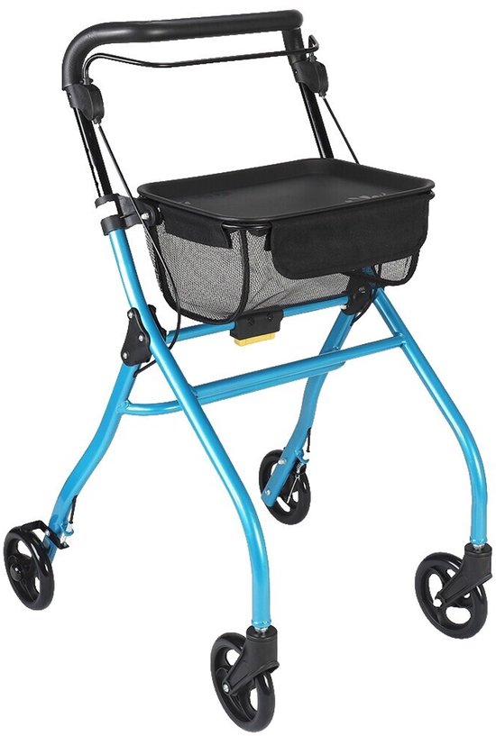 Blauwe rollator met zwart dienblad, opbergnet en vier wielen.