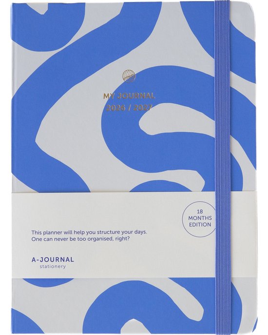Blauwe en witte agenda met een abstract patroon en een blauwe elastische band. De titel 'MY JOURNAL 2026 / 2027' staat erop.