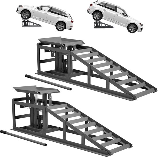 Foto: Wishdor set van 2 oprijrampen hydraulisch in hoogte verstelbaar met overdrukventiel voor auto en bestelwagen stalen hefplatform voor onderhoud en reparatie grijs 1140 x 330 x 297 mm