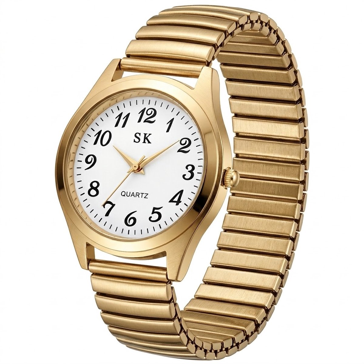 Goudkleurig analoog horloge dames - ronde witte wijzerplaat met duidelijke cijfers - elastische schakelband in goudkleur - quartz horloge