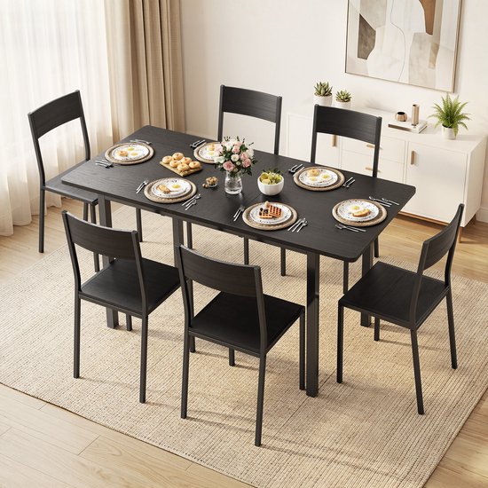 Xbro Eettafel en Stoelen voor 6 Personen，Eettafel met Uitschuifbaar tafelblad，Eetkamerset met 6 Eetkamerstoelen ，140 x 70 x 77 cm，Zwart