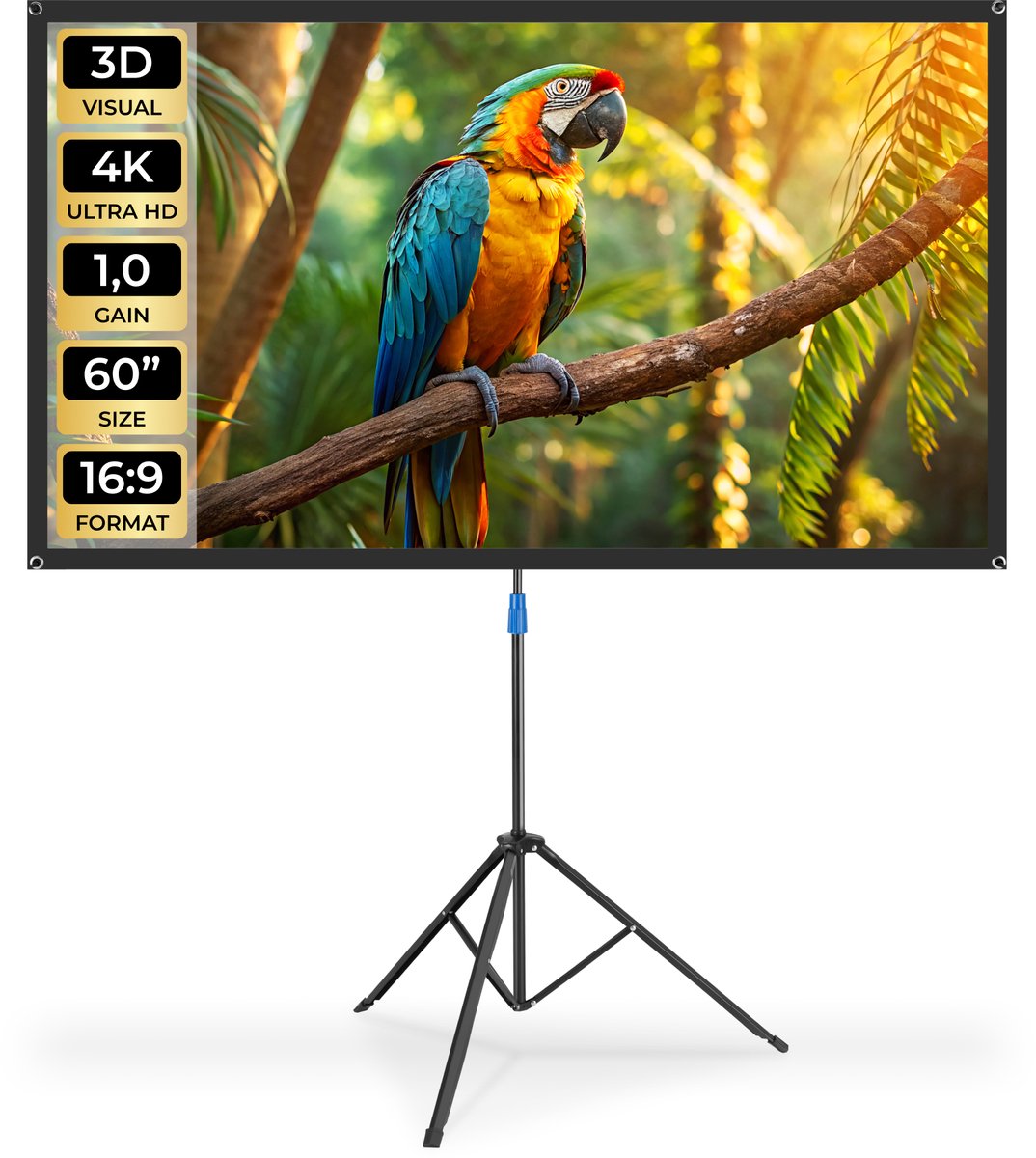 tectake® Beamer Scherm - 60 Inch - 16:9 Projectiescherm met Statief - 4K HD - Oprolbaar - Uittrekbaar - Projectiedoek - Presentatiescherm - Inclusief Draagtas