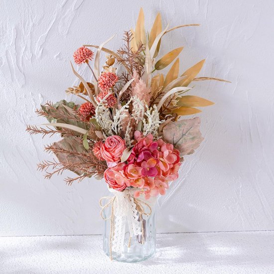 Nepbloemen in vaas - Kunstboeket arrangement - Lentedecoratie huis - Onderhoudsarm en duurzaam - 5 bloemen - Roze