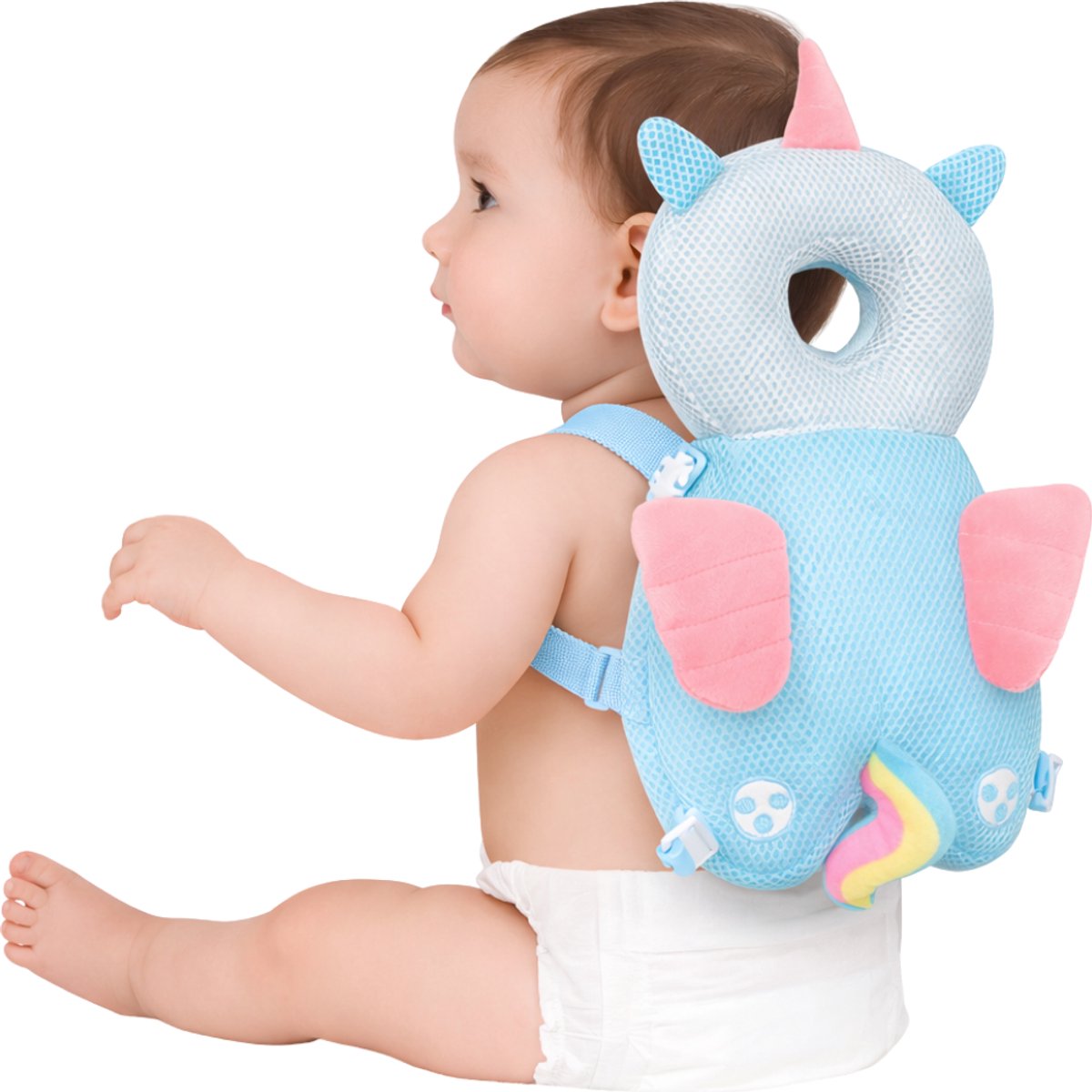 BoefieBoef Eenhoorn Baby Hoofdbeschermer - Valkussen Baby met Dierendesign - Valrugzak Lichtgewicht 190 g - Verstelbare Borstband - 4-36 Maanden - blauw