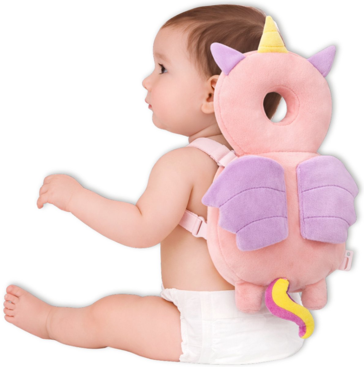 BoefieBoef Eenhoorn Baby Hoofdbeschermer - Valkussen Baby met Dierendesign - Valrugzak Lichtgewicht 190 g - Verstelbare Borstband - 4-36 Maanden - roze unicorn