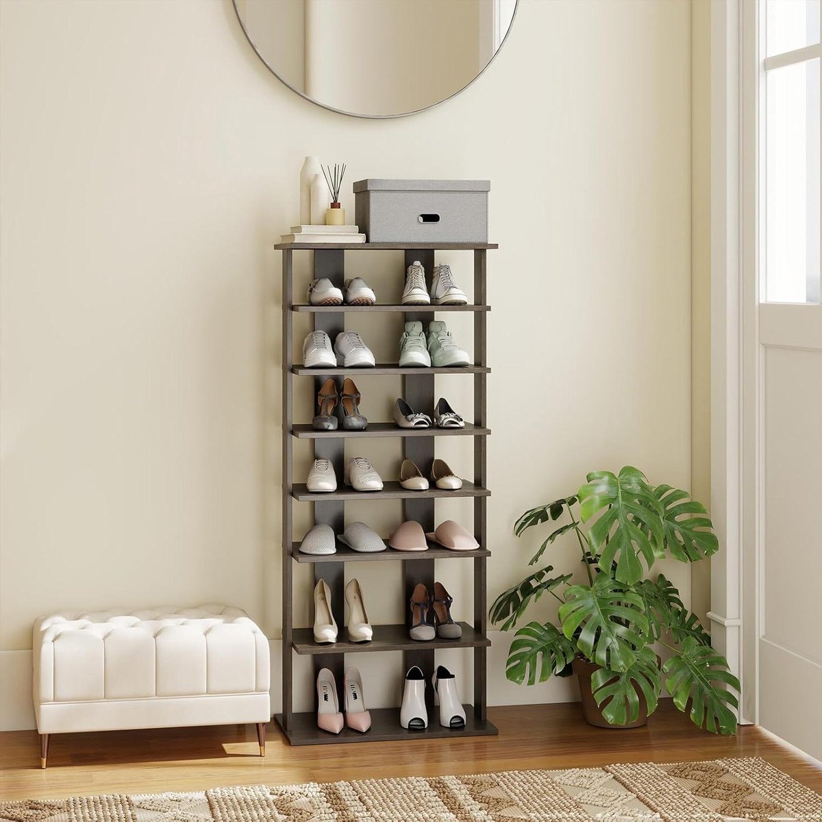 Schoenenrek Hout - Schoenenkast Opbergrek - Hal Entree - 8 Niveaus Ruim - 47x255x110 cm - Grijs