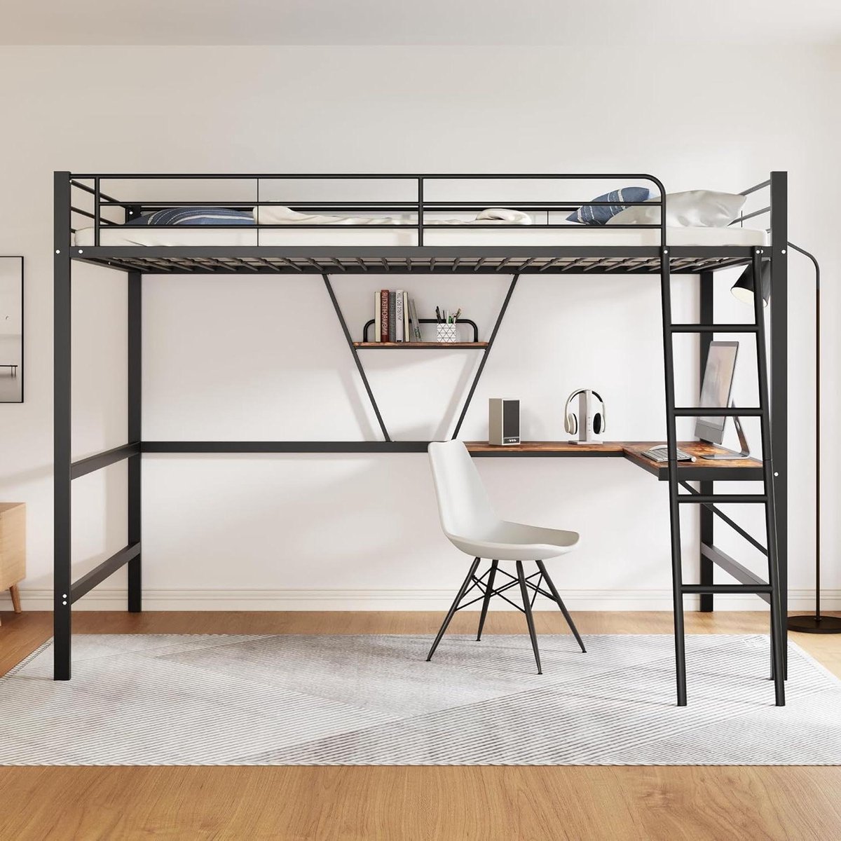 Hoogslaper met bureau - Bed met bureau - Ruimte besparen - L-vormig bureau - 90x200cm - Zwart