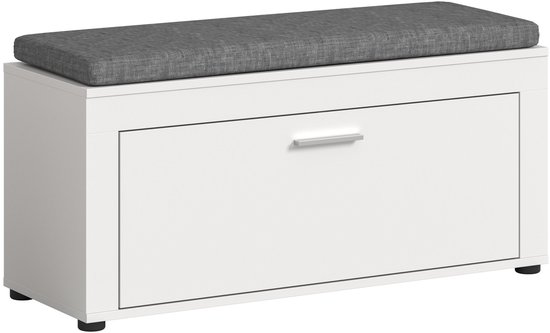 Witte zitbank met grijs kussen, een klep met handvat en open vakken.