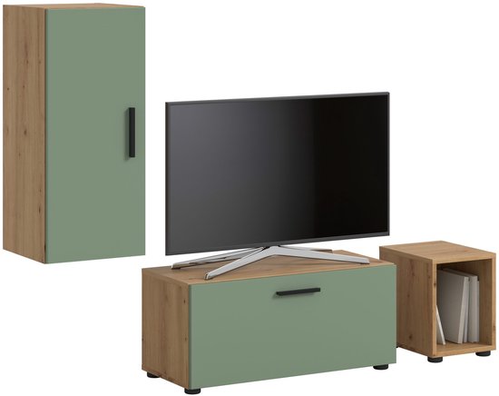 Set van een hoge kast, een tv-meubel en een smal bijpassend kastje.