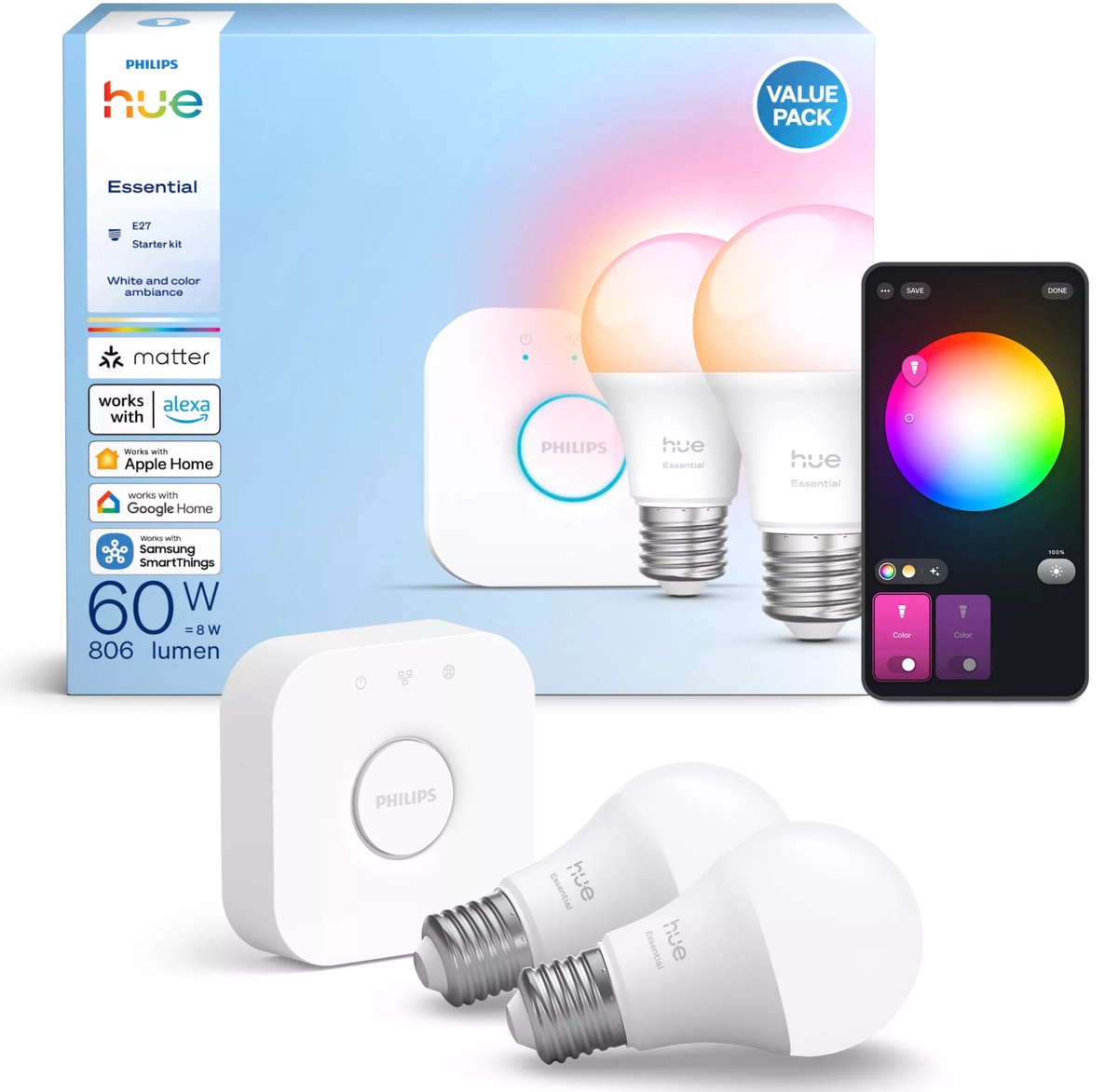 Philips Hue Essential starterkit - wit en gekleurd licht - 1 Bridge - 2 lampen A60 — afbeelding 4