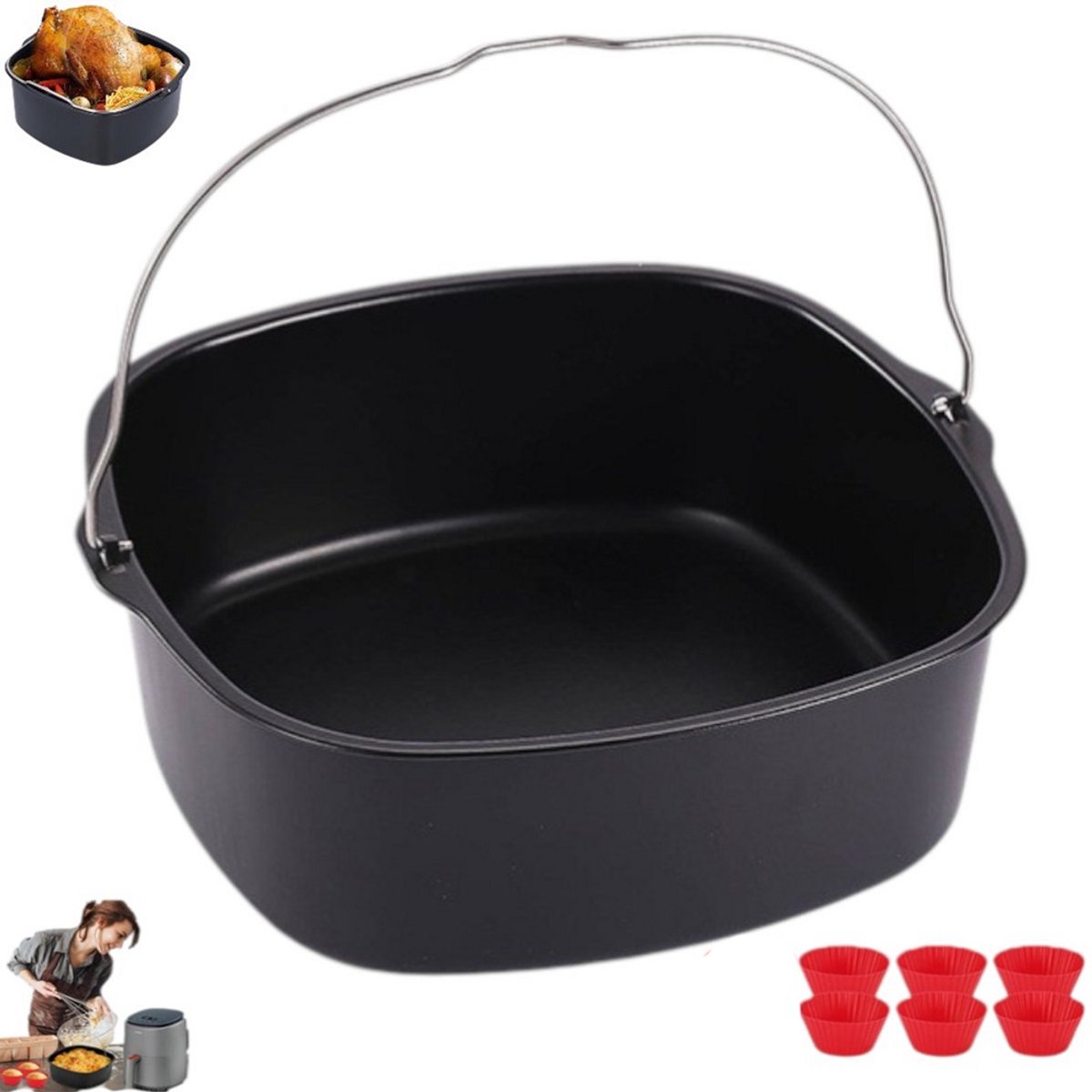 Accessoires voor de airfryer - vierkante antiaanbak bakvorm - Ongeveer 17,78 cm - Vierkante bakvorm voor airfryer - Zwart - Roestvrijstalen bakvorm - Inclusief 6 mokken - Herbruikbare bakvorm - Broodbakmand — afbeelding 1