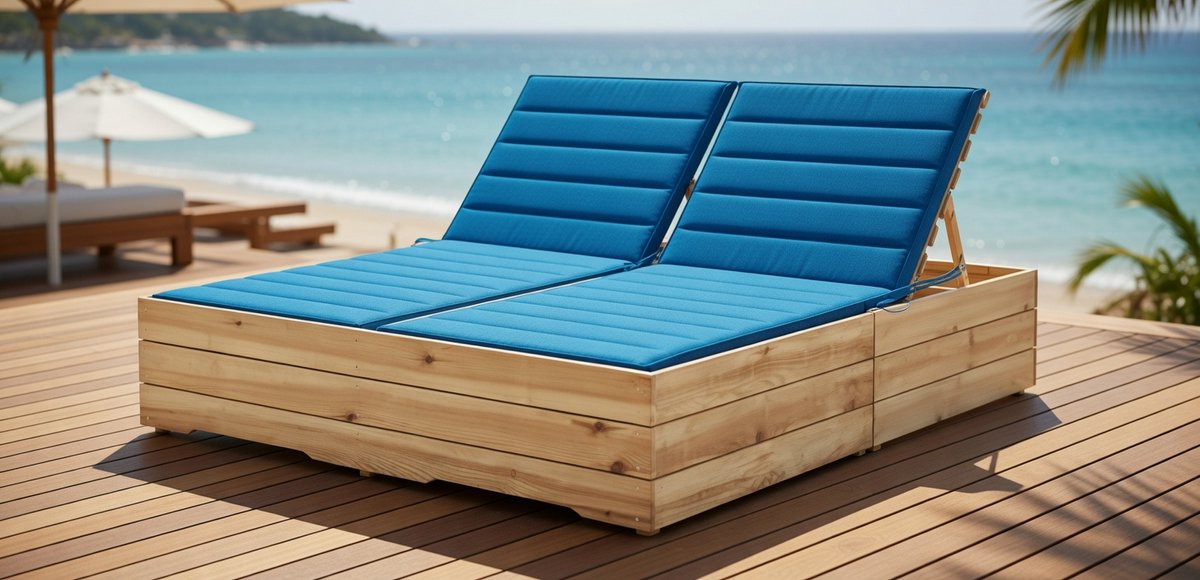 Dubbele Houten Zonnebed Lounger met Blauw Kussen – Verstelbare 2-Persoons Tuinstoel van Geïmpregneerd Vurenhout – Comfortabel Tuinmeubel voor Binnen & Buiten – MedaHomeStore