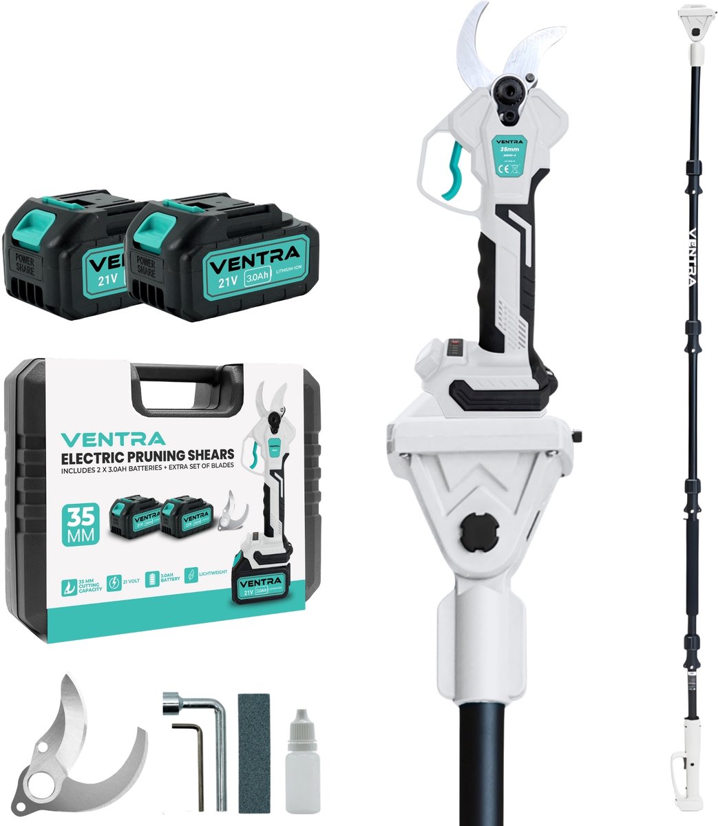 VENTRA® Elektrische Snoeischaar - 35mm- Accu Snoeischaar - Telescopische Verlengsteel 2.5M - 3000mAh Accu - LCD Scherm - Brushless - Incl. Opbergkoffer en Reservemessen